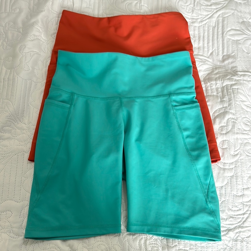 Blue and Orange Bike Shorts with High-Waisted Design